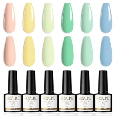 Bild av ROSALIND Gel Nagellack Rosa Gul Grön Blå 6 Färger Nail Polish Macaroon UV LED Gelack för Nageldesign, Nagelkonst DIY, 8ml