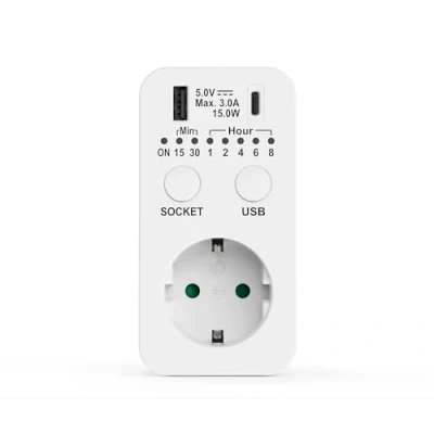 Bild av Perfekt uttag timer, strömbrytare 230 V, nedräkning eluttag, timeruttag med USB och C kontakt, timer programmerbar, vit