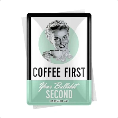 Bild av Nostalgic Art Retro plåtvykort, Coffee First presentidé för nostalgifans, mini plåtskylt i vintagedesign, 10 x 14 cm
