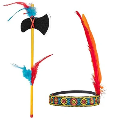 Bild av Boland 44093 Indianset, pannband och yxa, längd 35 cm, tomahawk, flerfärgad, stretchig, dekorerad med fjädrar, hövdling, vilda västar, kostym, karneval, temafest