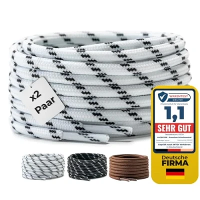 Bild av LaceHype 2 par premium runda skosnören [ 4,5 mm) för arbetsskor, stövlar, utomhusskor och sportskor, slitstarka skoband, ersättnings av polyester (vit/svart, 100)