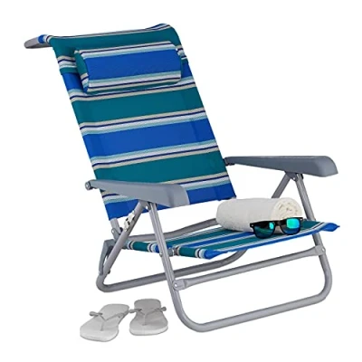 Bild av Relaxdays Vikbar solstol, justerbar, strandstol med nackkudde, armstöd och flasköppnare, blå/grön/vit, 1 st, 10035903