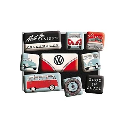 Bild av Nostalgic Art Kylskåpsmagneter i retrostil, Volkswagen Classics Presentidé för VW buss, Magnetset magnettavlor, Deko vintagedesign, 9 stycken