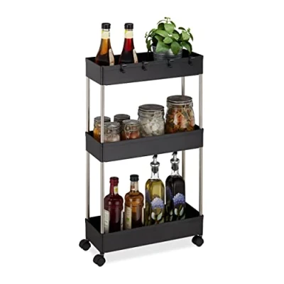 Bild av Relaxdays nischvagn plast, HBT 70 x 15,5 40,5 cm, smal nischhylla badrum, kök, 4 krokar, 3 fack, svart