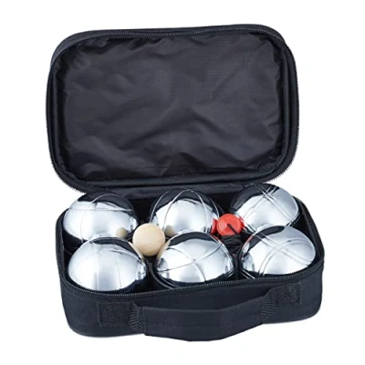 Bild av Relaxdays Boule set, 6 Boccia kulor av metall, målkula och avståndskniv, petanque med bärväska, silver/svart