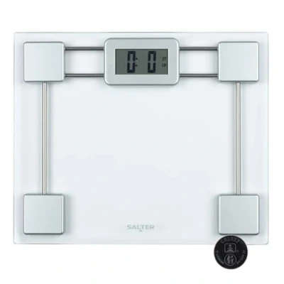 Bild av Salter 9081 SV3R badrumsvåg i glas elektronisk digital kroppsviktskala, 150 kg/23 st 3,6 kg, LCD lättläst skärm, kliv på omedelbar avläsning, smal för snygg förvaring, inkluderar mattfötter och