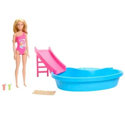 Bild av Lekset med Barbie docka och pool, blond baddräkt i tropisk rosa, rutschkana, handduk drycker, HRJ74