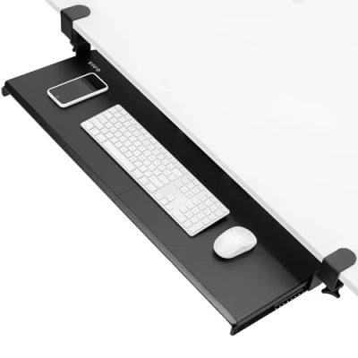 Bild av VIVO extra lång tangentbordsbricka under skrivbordet utdragbar med robust C klämmonteringssystem, 86 cm (102 inklusive klämmor) x 28 utskjutbar plattform datorlåda för skrivning, svart,