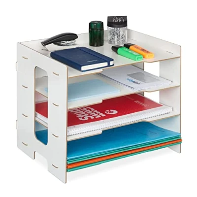 Bild av Relaxdays Brevfack, kontorsförvaring av MDF, A4 papper, 3 fack, lätt dokumentfack HBT 27 x 32,5 25 cm, vit
