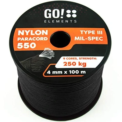 Bild av GO!elements 100 m paracordrep av slitstark nylonsladd 4 mm paracord 550 typ III snöre lämpligt som universalrep och repsnöre max. 250 kg, färg: svart