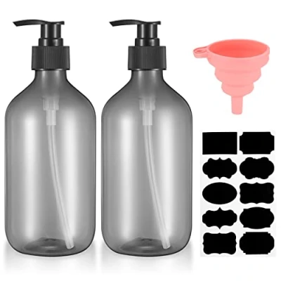 Bild av 2 stycken 500 ml schampo flaskor för fyllning, duschgelflaska, tomma påfyllningsbara pumpflaskor, tvåldispenser plast lotion schampo, med tratt, etiketter (grå)