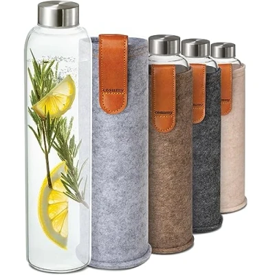 Bild av Cosumy Vattenflaska i glas med filtöverdrag 750 ml Diskmaskinssäker Läcksäker BPA fri Lämplig för kolsyrade drycker (Beige)