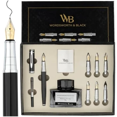 Bild av Wordsworth och svart kalligrafi penna presentpaket, inkluderar bläckflaska, 6 bläckpatroner, bläckpåfyllningsomvandlare, ersättningsspetsar, premiumpaket, journaling, släta skrivpennor [svart krom