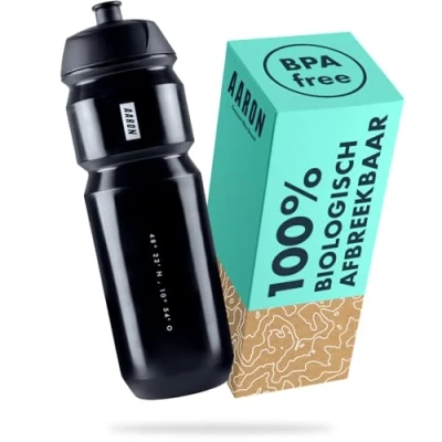 Bild av AARON ECO vattenflaska 100 % biologiskt nedbrytbar, 750 ml, lätt och läckagesäker, praktisk BPA fri för sport, fitness, vandring, utomhus i svart