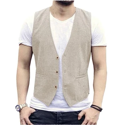 Bild av AeoTeokey män sommar linneväst kostym väst casual normal passform, Beige, L