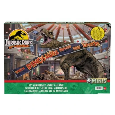 Bild av Mattel Jurassic World adventskalender med 24 luckor, dagliga överraskningar som minileksaksdinosaurier, människofigurer och grindar HTK45