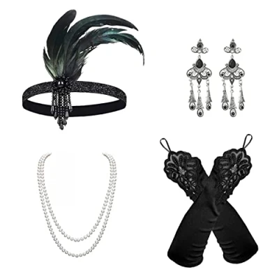 Bild av VIKSAUN 5 delar 1920 tillbehörsset, tals klaff Great Gatsby tillbehör, mode rytande 20 temaset, flapper pannband, huvudbonad långa svarta handskar halsband örhängen för kvinnor (5 delar)