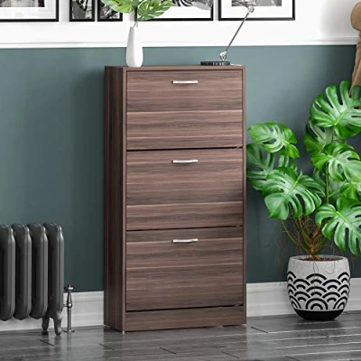 Bild av Vida Designs 3 lådor skoskåp skåp skoförvaring organiserare dra ner trämöbler träenhet, valnöt