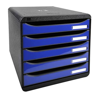 Bild av Exacompta Ref 3097203D BIG BOX PLUS 5 facks piedestal för A4+ dokument Utvändiga mått Djup 34,7 x Bredd 27,8 Höjd 27,1cm Färg svart/Royal blue glansig