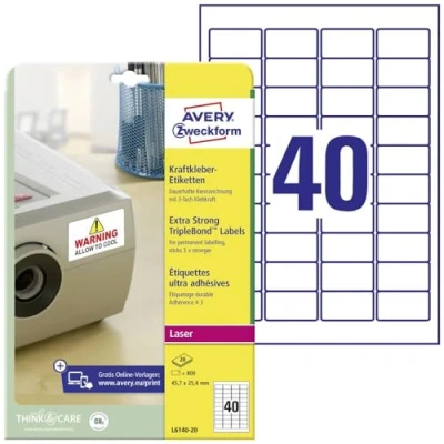 Bild av Avery L6140 20 extra starka självhäftande tripleBond etiketter, 40 etiketter per A4 ark