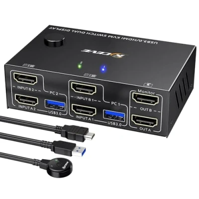 Bild av MLEEDA USB 3.0 HDMI KVM omkopplare för 2 datorer och bildskärmar, 4K@60 Hz, 2K@144 EDID simulering, switch med 4 portar tangentbord mus, kabelfjärrkontroll kabel ingår