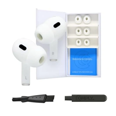 Bild av Comply Premium öronproppar i skum, kompatibel med Apple AirPods Pro Gen 1 &amp; 2., storlek L, ny 2025 version demonterings och rengöringsverktyg, vit, 3 par, tillverkad USA