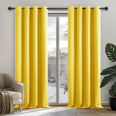 Bild av Deconovo Mörkläggningsgardiner med köldskydd, ogenomskinlig gardin, köldskyddsgardin, 138 x 117 cm (längd bredd), Citrongul, set om 2