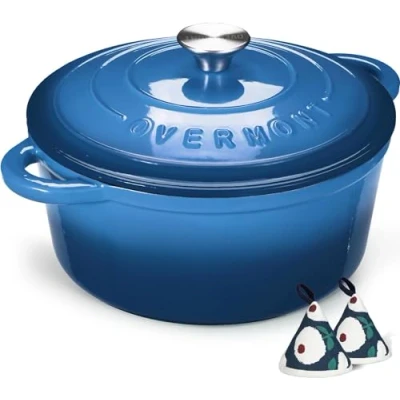 Bild av Overmont 5 l emaljerad gjutjärn rund gryta med lock, 26 cm, kokbok non stick holländsk ugn för bronsning, grytor, rostning, bröd bakning