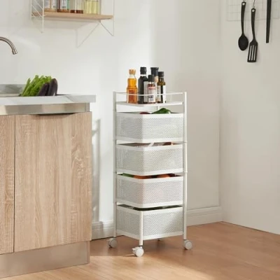 Bild av [en.casa] Sunndal rullvagn med 4 nivåer kökshylla i flera lager hjul, serveringsvagn av stål, utfällbara korgar, hylla för kök, badrum 79,5 x 27 cm vit