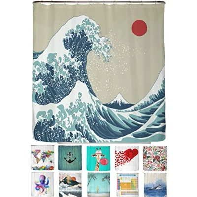 Bild av arteneur® Duschdraperi, mögelbeständigt, 180 x 200 cm, återvunnet med Oeko Tex standard 100, viktad fåll, ogenomskinligt, vattentätt, tvättbart, 12 ringar och e bok, japansk våg