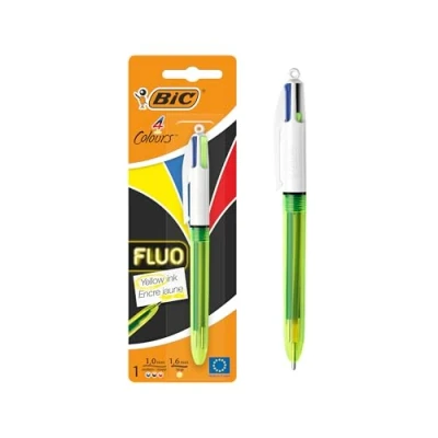 Bild av BIC 4 färger Fluo kulspetspenna svart, blå, röd och fluorescerande gul bläckfärger 1 pack