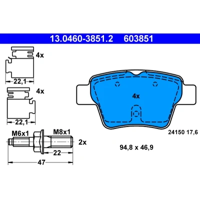 Bild av ATE 13.0460 3851.2 Jeu de plaquettes frein non préparé pour indicateur d&#039;usure, contact signal d&#039;usure exclu avec accessoires
