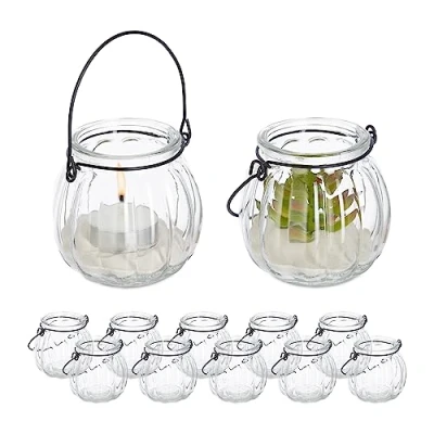 Bild av Relaxdays Vindljus glas, uppsättning om 12, värmeljushållare med handtag, H x D: 7,5 8 cm, runt ljusglas, transparent