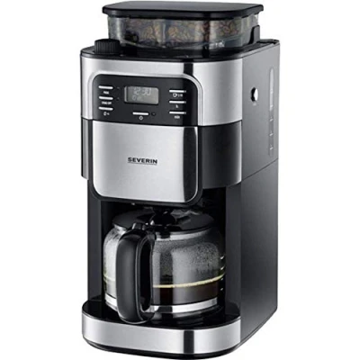 Bild av SEVERIN kaffebryggare med kvarn, glaskanna och timerfunktion, även som filterkaffebryggare, glaskaffekanna för 8 koppar, 1000 W, svart/rostfritt stål, KA 4810