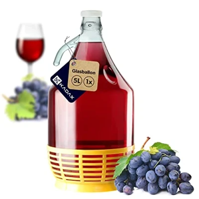 Bild av KADAX Vinballong 5 l, glasballong för vin, smal öppning, jäsballong, gallon, trädgårdsbehållare, flaska, glasflaska, glaslåsballong, jäskorg, ballong med korg av plast (strykförslutning)