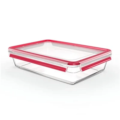 Bild av Emsa N10412 Clip &amp; Stäng glas matförvaringsburk 3 l stapelbar fryssäker ugnssäker mikrovågsugnssäker halkfri stapling 100% tät diskmaskinssäker transparent/röd