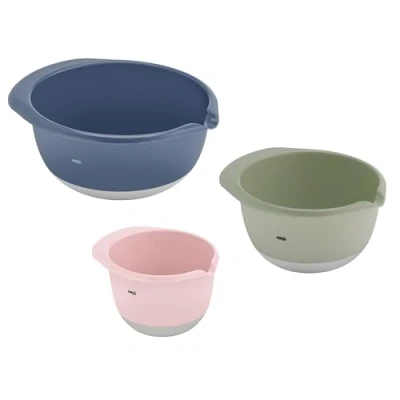 Bild av Emsa K324S3 Prep&amp;Bake Set med 3 blandningsskålar i plast 1,4 + 2,8 4,7 l halkfri botten perfekt stabilitet hällläpp för exakt, ren hällning diskmaskinssäker rosa/grön/blå
