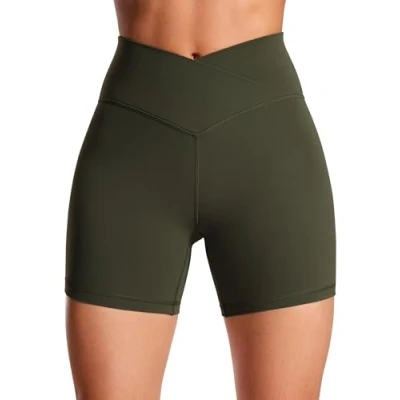 Bild av CRZ YOGA Damskie Butterluxe Crossover Spodenki rowerowe 5 Inches/Criss Cross High Waisted Trening do jogi Buttery Soft Olivgrön S