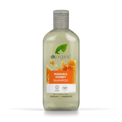 Bild av Dr Organic Manuka Honey Shampoo, Restoring, Torr hår, Natural, Vegetarian, Cruelty Free, Paraben &amp; SLS fri, Återvunnen Ocean Bound Plast, Certifierad Organic, 265 ml, förpackning maj