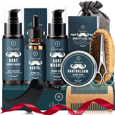 Bild av OUKZON skäggvårdsset, 9 i 1 presentskäggvård med skäggschampo, skäggsköljning, 100 % naturlig olja och balsam, kam, borste, sax, stylingutrustning förvaringspåse, bäst för far make