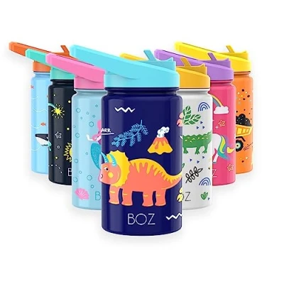Bild av BOZ Kids vattenflaska med sugrör och läckagetät lock 400 ml, barnisolerad halmflaska, diskmaskinsäker, BPA fri plast, reptåligt tryck (dinosauriedesign)