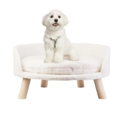Bild av BingoPaw Soffa, stol, säng för katt: Upphöjd nordisk husdjurspall, med avtagbar vattentät matta upphöjd, plyschpäls, soffa ben och ram av trä hund, kattunge (diameter 60 cm)