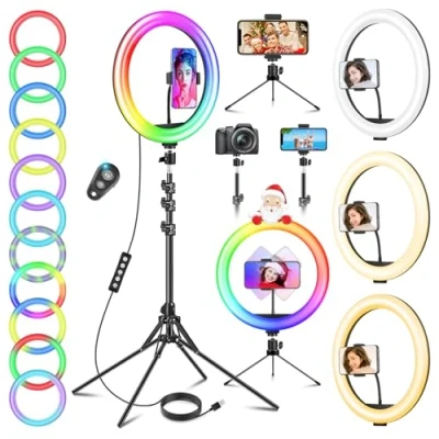Bild av 12 Tum Ringljus med Stort Stativ Hög 177cm, GerTong LED Selfie Justerbar Ljusring 40 RGB Belysningslägen och 13 Nivåer, USB Halo Ringlampa Fjärrkontroll för Smink/Youtube/Live Stream