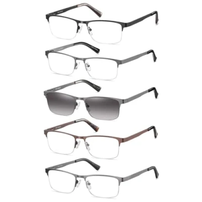 Bild av Amcedar Läsglasögon i metall med halvram för män, 5 pack, fjädergångjärn, rostfritt stål, solläsglasögon 2,00