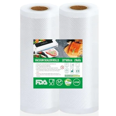 Bild av vakuumpåse mat 2 rullar vakuumpåsar, 28 x 600 cm vakuumfolie, BPA fri, slitstark, 150 µm, vakuumfolierulle för alla vakuumförpackare, mikrovågsugnar, sous vide fryspåse