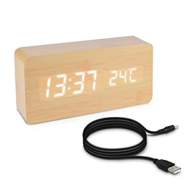 Bild av Kwmobile väckarklocka, klocka i träutseende, digital visning av tid, temperatur, datum, larmklocka med USB kabel vitt vita lysdioder
