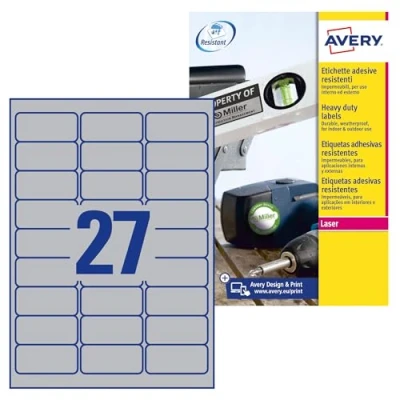 Bild av AVERY Zweckform L6011 8 typskylt folieetiketter (216 klistermärken, 63,5 x 29,6 mm på A4, starkt självhäftande, slitstark, väderbeständig, tryckbar självhäftande film, blanka) ark, silver