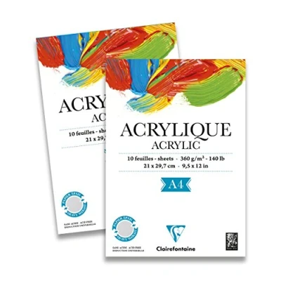 Bild av Clairefontaine Ref 96308C Akrylpappersdyna (10 ark) A4 (210 x 297 mm) i storlek, 360 gsm papper, syrafri, pH neutral lämplig för användning med akryl och gouachefärger