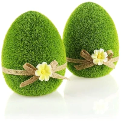 Bild av COM FOUR® 2x dekorativa figurer påskägg med rosett och blommor gröna för våren keramiska ägg täckta konstgräs (2 x 15 cm)