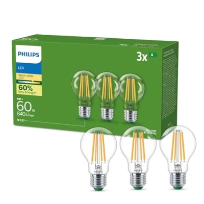 Bild av Philips LED Ultraefficient Classic: 60W, A60, E27, 2700 Kelvin, Klart glas, 485 lumen, Ej dimbar, 50000 timmar livslängd, 3 pack